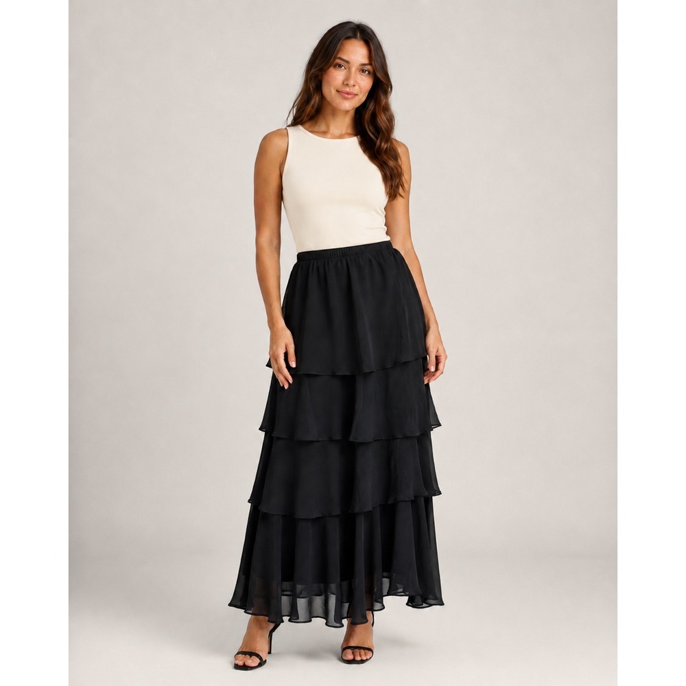 R&K Evening Women's 12 Black Tiered Chiffon Maxi Ruffle Formal Asymmetrical
